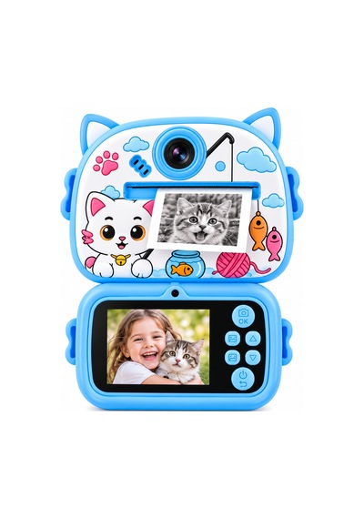 BLUE-5 Anında Baskılı Çocuk Fotoğraf Makinesi ,kedi Desenli, Mürekkepsiz Termal Baskılı Dijital Kamera -1803