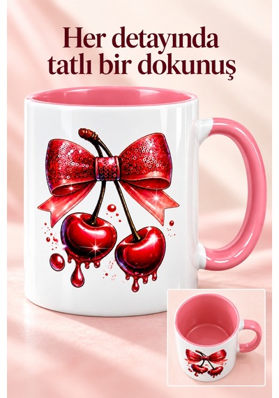 Kiraz Ve Fiyonk Desenli Kupa Bardak Pembe İç Ve Kulp Detaylı Hediyelik Kahve Kupası Beyaz - Pembe