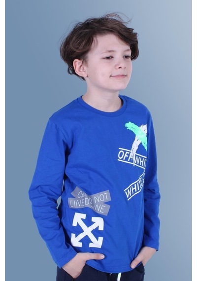 Panios Kids X Baskılı Uzun Kollu Erkek Çocuk Indigo Sweatshirt İndigo