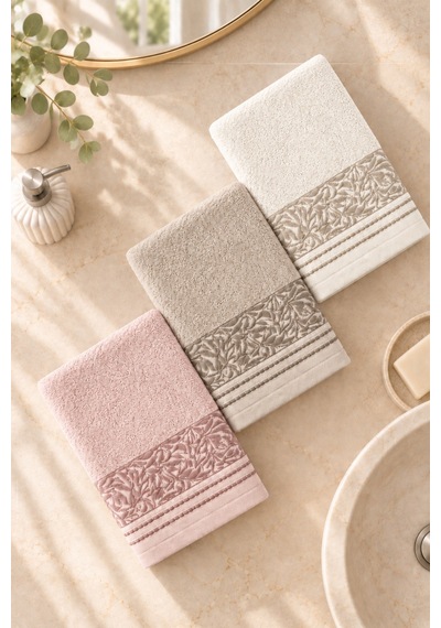 Botanical Garden Yaprak Desenli El Yüz Havlusu 50x90 Cm 3 Lü Set %100 Pamuk - Rose Cream Çok Renkli