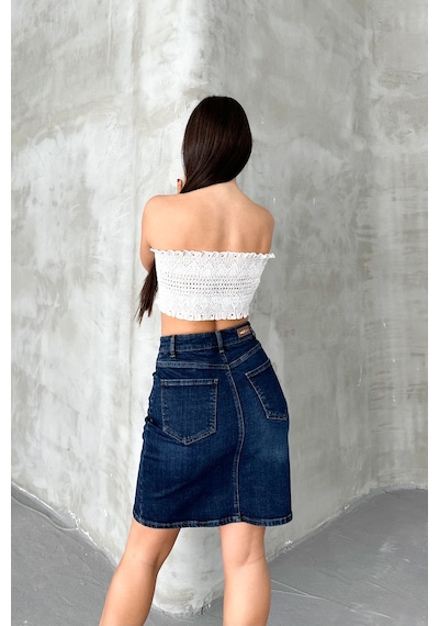 HLT Jeans Koyu Mavi Kadın Regular Fit Yüksek Bel Orta Boy Denim Kot Etek Alice-4006 Koyu Mavi