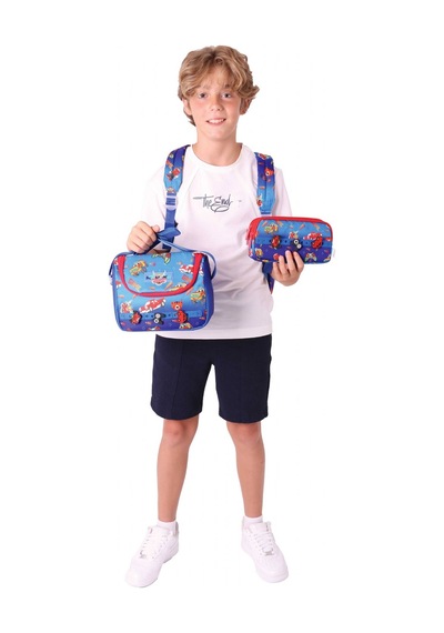 Kaukko Kids Üçlü İlkokul 1.2.3.4. Sınıf Okul Çanta Seti - Mavi Kırmızı - Erkek Çocuk - Silikon Aksesuarlı Mavi - Kırmızı