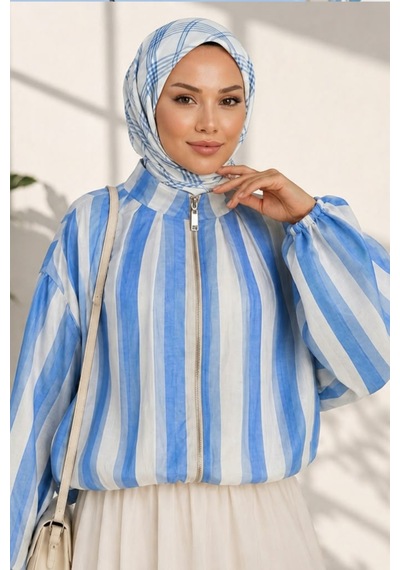 Hb Harma Time Butik Kadın Fermuarlı Modal Kumaş Ahenk Mavi Ceket