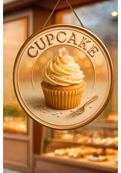Cupcake Muffin Temalı İpli Ahşap Kapı Duvar Süsü, Pastane, Tatlı Dükkanı, Cafe Tablo Dekoru