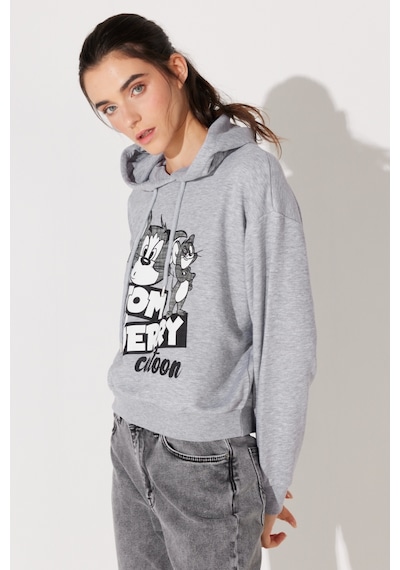 Regular Fit Normal Kesim Kapüşonlu Gri Melanj Tom Ve Jerry Baskılı Sweatshirt L231211035 Gri
