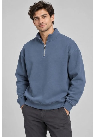 Erkek Üç İplik İçi Şardonlu Dik Yaka Yarım Fermuarlı Kışlık Sweatshirt - Mavi