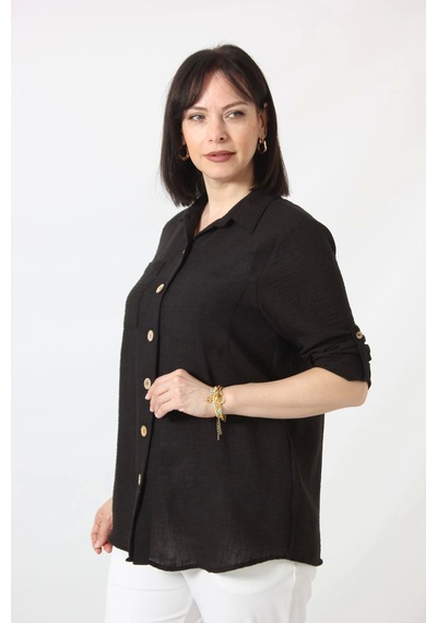 Moda Berray Sb-077 Siyah Pamuk Keten Kolu Apoletli İki Cepli Kadın Büyük Beden Gömlek Siyah Moda Berray Sb-077 Siyah Pamuk Keten Kolu Apoletli İki Cepli Kadın Büyük Beden Gömlek Siyah