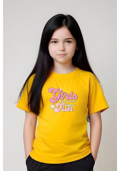 Fyk Kids Kız Çocuk Yuvarlak Yaka Baskılı Girls Fun Alt-üst Pijama Takımı Sarı