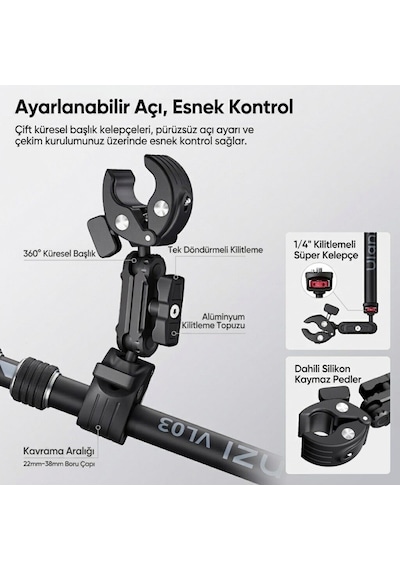Ulanzi Vl03 Motosiklet Görünmez Selfie Çubuğu Kamera Montaj Aparatı - T119 Siyah