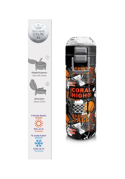 Coral High Kids Siyah Gri Basketbol Desenli Pipetli Ve Direkt İçim Çelik Termos 500 Ml 31975 Gri - Siyah