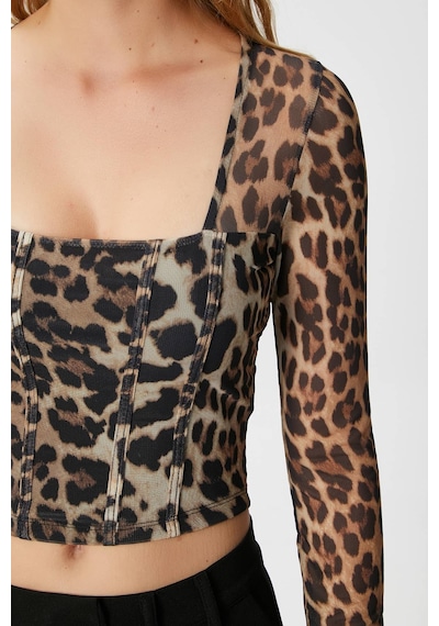Ritnice Kadın Alina Korse Görünümlü Leopar Tül Crop Bluz LEOPAR