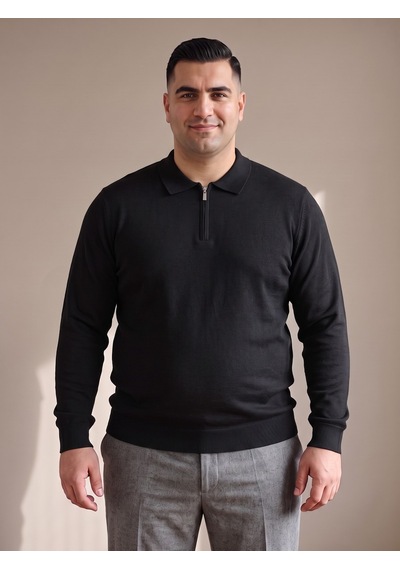 Maccali Erkek Siyah Büyük Beden Düz Fermuarlı Polo Yaka Triko Kazak
