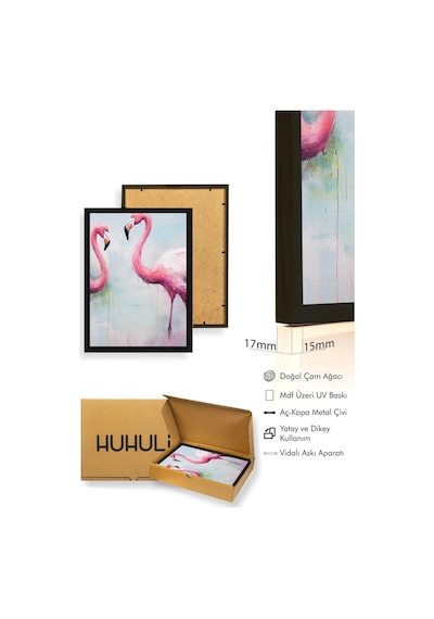 Doğal Ahşap Çerçeveli Flamingo Desenli Tablo - Pastel Tonlar Huhu1303