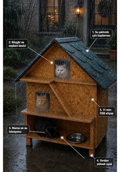 Kedi Evi Kedi Yuvası Kedi Mamalı Su Yalıtımlı 3 Katlı