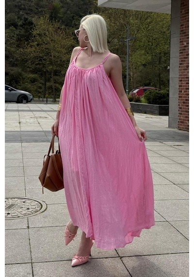 Madmext Pembe Halter Yaka Askılı Uzun Basic Kadın Elbise Mg2163 Pembe