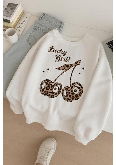 Benroma 3 İplik Penye Lucky Girl Baskılı Unisex Sweatshırt Beyaz