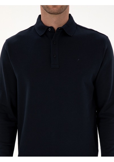 Lacivert Regular Fit %100 Pamuk 3 İplik Polo Yaka Sweatshirt