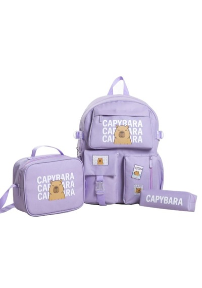 Capybara Desenli 3 Parça İlkokul Ortaokul Çanta Seti Sırt Çantası Beslenme Çantası Kalemlik Lila