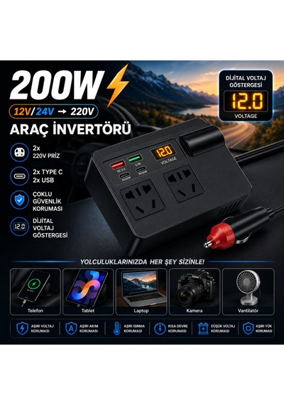 Coofbe 200w Araç İnverteri 12v 24v 220v Güç Dönüştürücü 2 Priz Pd30w Type-c Qc3.0 Hızlı Şarj Dijital Ekran