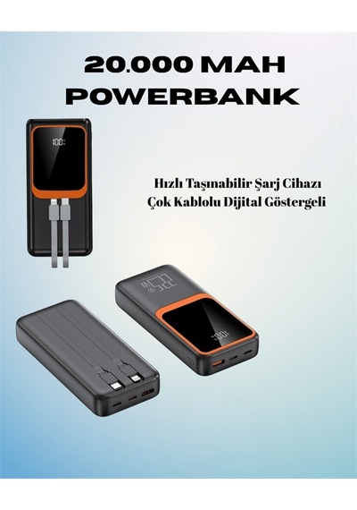 20000 Mah Powerbank Çok Kablolu, Dijital Göstergeli, Yüksek Hızlı Şarj Cihazı