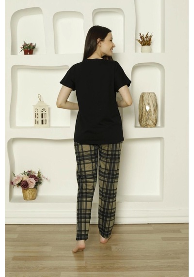 Pijamoni Süprem Kumaş Altı Ekose Desenli Kısa Kollu Kadın Pijama Takımı-6610 Koyu Siyah