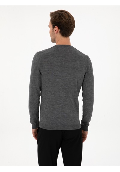 Cacharel Füme Slim Fit Yün Karışımlı Bisiklet Yaka Basic Triko Kazak Gri