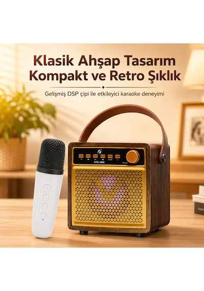 Kts-1865 3 Ahşap Hoparlör Kablosuz Mikrofonlu Taşınabilir Karaoke Sistemi Party Box Eğlence Paketi