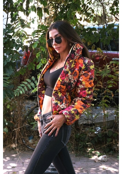 Keyifli Moda Kadın Turuncu Dik Yaka Çiçekli Kısa Şişme Mont - 40 Turuncu