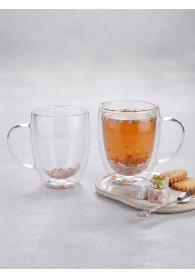 Borosilikat Çift Cidarlı Renkli Konfetili 350 Ml Cam Kupa / Isıya Dayanıklı Çift Katmanlı Bardak Diğer