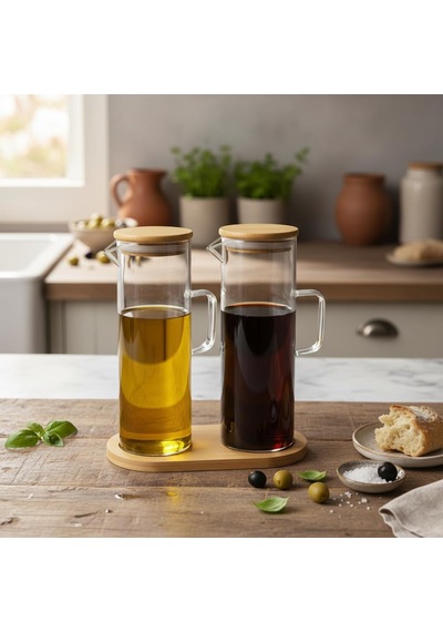 Deconox 2'li Şeffaf Cam Yağdanlık Ve Sirkelik Seti - Bambu Kapaklı Ve Özel Standlı Masaüstü Yağlık 190 Ml Diğer
