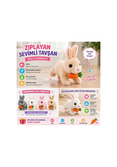 Pilli Zıplayan Tavşan Oyuncak Sevimli Peluş Hareketli Tavşan