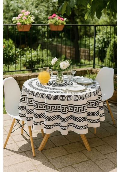 Yuvarlak Geometrik Siyah Desenli Duck Kumaş Masa Örtüsü 150x150 Cm Diğer