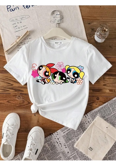 Flood Of Style Kadın Beyaz Renkli Powerpuff Girls Baskılı Oversize