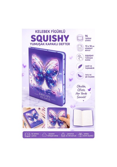 Kelebek Squıshy Yumuşak Kapaklı Defter 96 Yaprak 13x18cm 1 Adet Df-1318 Sukuşi Çizgili Defter Hediyelik Sevimli Defter Mor