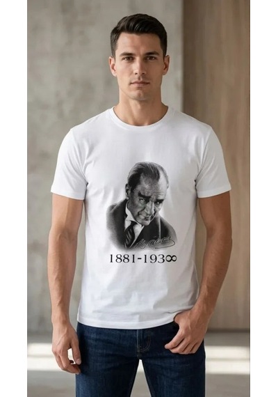 Yake Store Erkek Atatürk Baskılı Tişört Kısa Kollu Bisiklet Yaka T-shirt - Beyaz - Beyaz