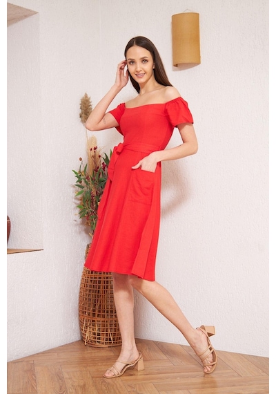 Darlin Moda Kırmızı Omzu Açık Elbise Dm1008 Kırmızı