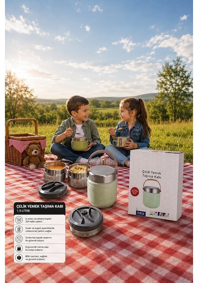 1.5 Lt 2'li Paslanmaz Çelik Sızdırmaz Termos Yemek Taşıma Kabı / Sefer Tası Beslenme Kutusu Çelik Rengi