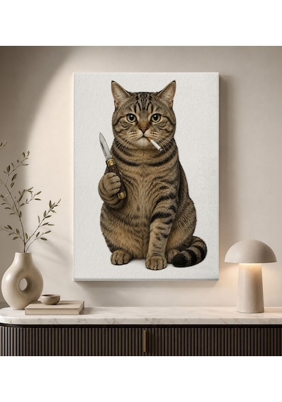 Bk Gift Bıçak Tutan Sigaralı Tekir Kedi Portresi Mizahi Minimalist Kanvas Duvar Tablosu 50x70 Cm Bitmeyencom38262 Bk Gift