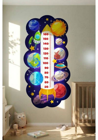 Gezegenler Temalı Dekoratif Çocuk Boy Ölçer Sticker Duvar Cetveli Takip Çizelgesi Figür 2 Lacivert