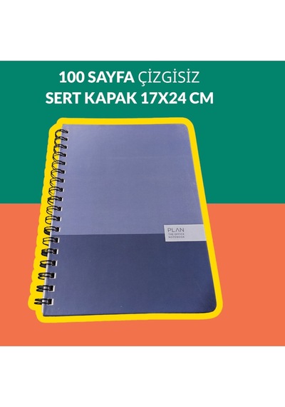 17x24 Cm Çizgisiz 100 Yaprak Plan Sert Kapak Telli Defter 60 Gr Beyaz Sayfa Mavi