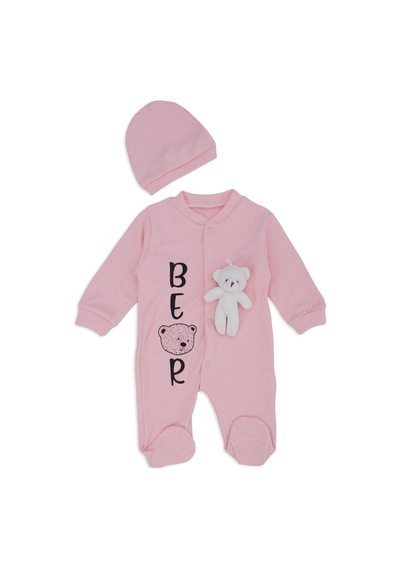 Bebelop Kız Bebek Bear Yazı Baskılı Şapkalı Ayı Oyuncaklı Kız Tulum 2'li 001