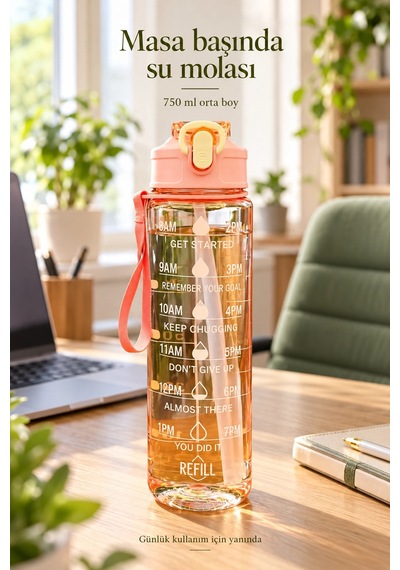 Madamev 3lü Motivasyonel Suluk Matara Seti 2000+750+280 Ml Pipetli Stickerlı Askılı Spor Ve Okul Su Çok Renkli