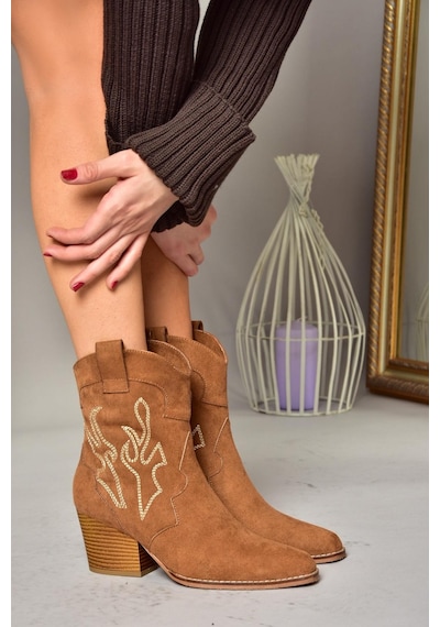 Fox Shoes T296112002 Taba Süet Kalın Topuklu Kadın Bot Taba-Süet Taba