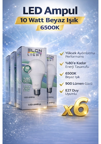 Led Ampul 10 Watt Beyaz Işık 6500k Yüksek Aydınlatma E27 Duy Enerji Tasarruflu 6 Adet