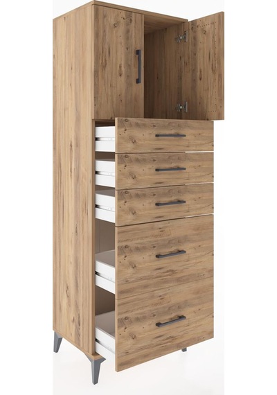 Hyperion Dolap Tek Raflı 5 Çekmeceli 2 Kapaklı 60x44x182 Çam-çam Çam