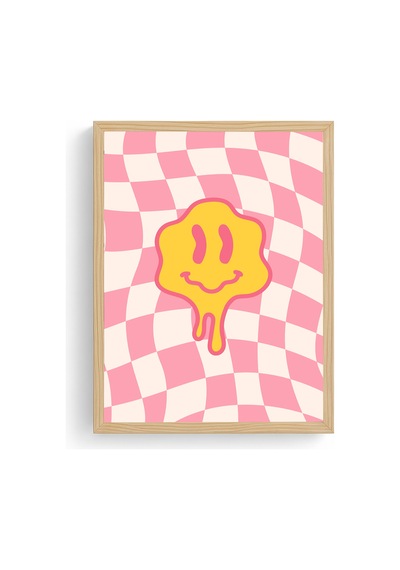 Doğal Ahşap Çerçeveli Retro Tablo - Pop Art Smiley Yüz Deseni Huhu2851