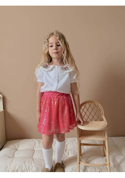Miniko Kids Kız Çocuk Kısa Kol Gömlekli Pullu Etekli Bayramlık Takım Pembe
