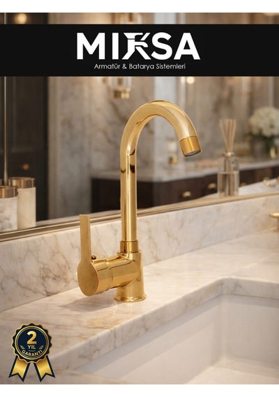 Lüx Full Gold Armut Baston Borulu Banyo Lavabo Bataryası Çeşmesi Musluğu Çift Su Girişli Altın
