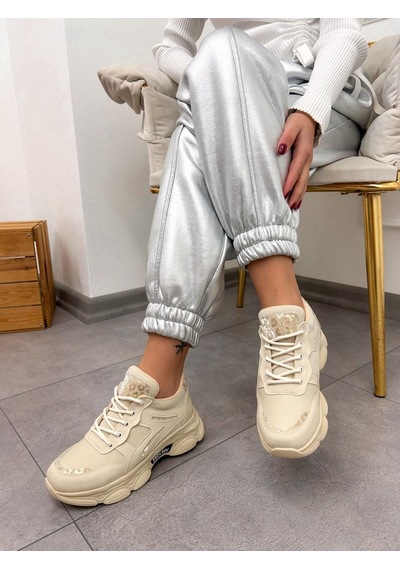Erva'nın Butiği Bej Cilt Leo Leopar Detaylı Kadın Bağcıklı Sneakers-5201
