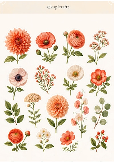 10 Sayfa Çiçek Temalı Sticker Seti Vintage Çiçek Ajanda Scrapbook Journal 0